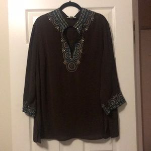 Women's DressBarn Brown & Aqua Embellished Top 3X